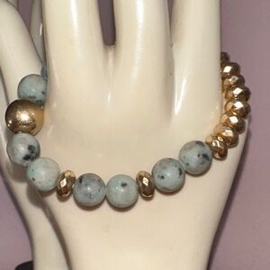 Kiwi Jasper Blue & Gold Faceted Bead Stretch Bracelet
